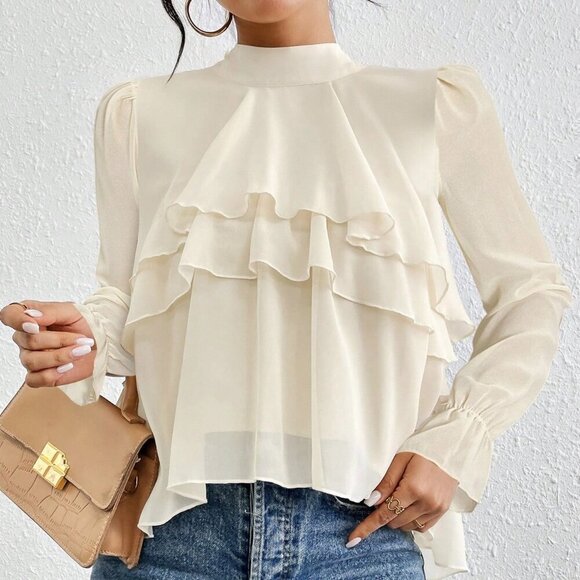 Tops - Apricot Casual Women's Loose Ruffled Chiffon Long-Sleeved Shirt Blouse